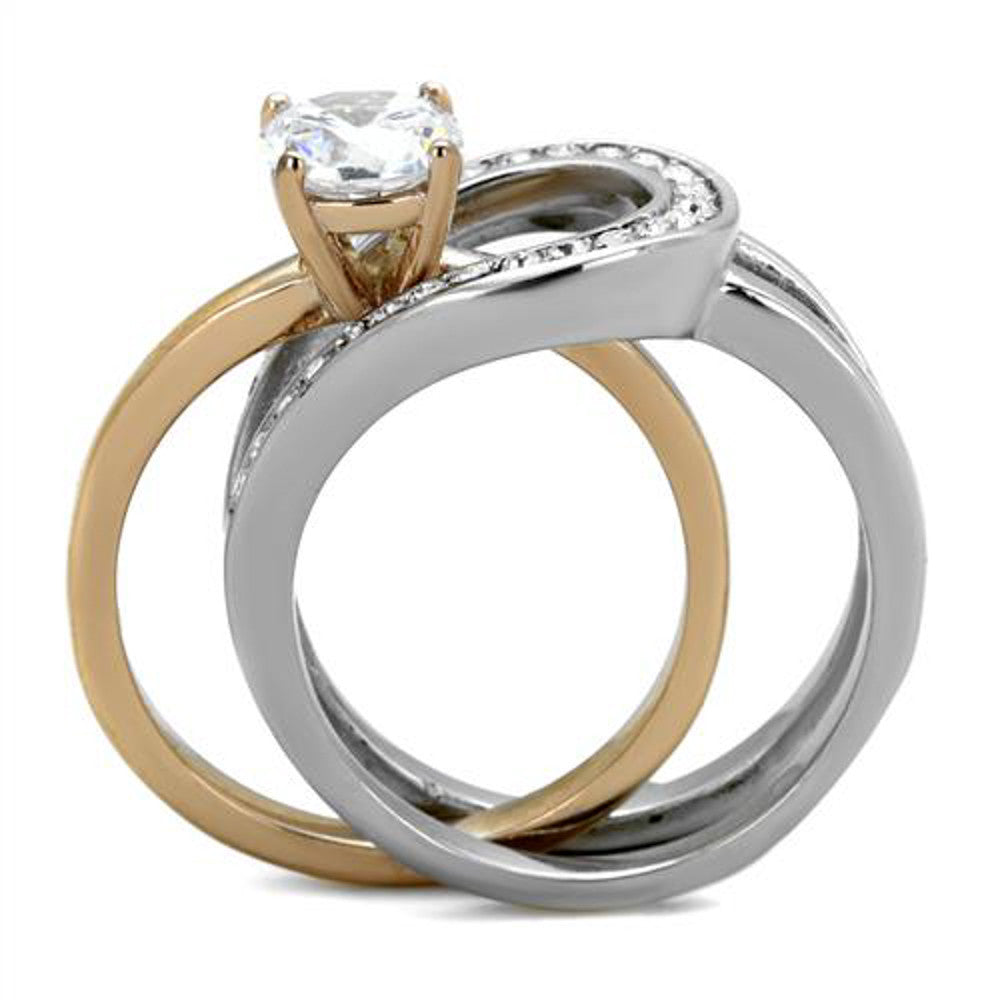 ARTK2032  Stainless Steel 1 Ct Round Cut Two Toned 2 Piece Wedding Ring Set Women's Sz 5-10